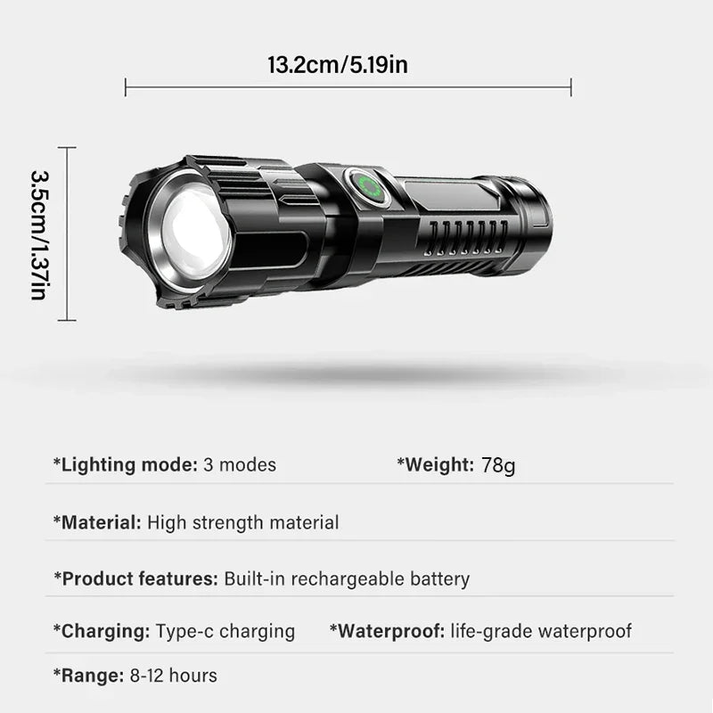 High-power Led Flashlight USB Rechargeable Torch Zoomable Light with Built-in Battery Camping Hiking Lantern Emergency Lamp