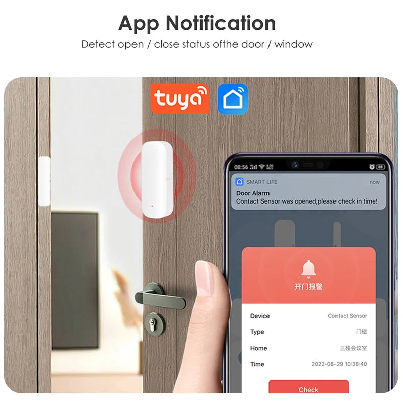 WiFi Door Open Closed Detectors Tuya Window Sensor with App Notification Alert Contact Sensor for Home Security with Black Color